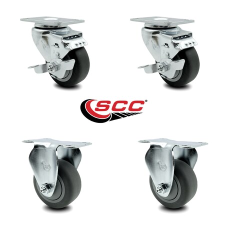 Service Caster 3.5 Inch Thermoplastic Rubber Swivel Top Plate Caster Set with 2 Brakes 2 Rigid SCC-20S3514-TPRB-TLB-2-R-2
